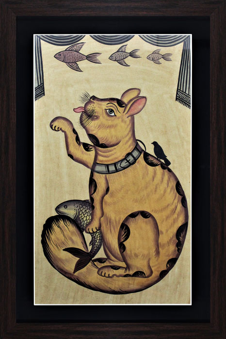 Bengal Patachitra - Kalighat Painting Cat Eating Fish (17*25 Inches)