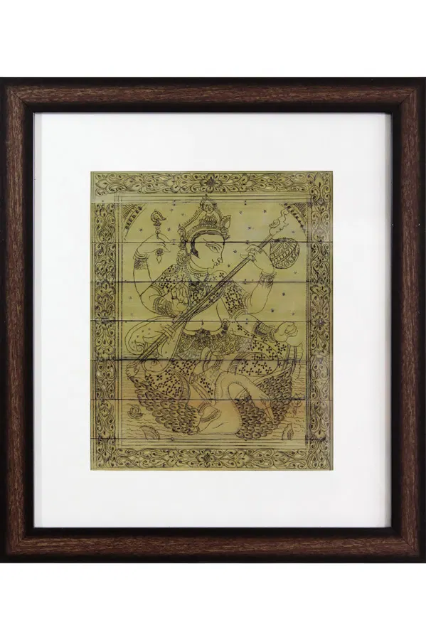 Odisha Talapatra Engraved Painting - Saraswathi with Frame (13*15 Inch)