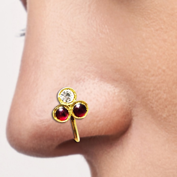 Nagercoil Temple Jewellery Nose Pin - Silver (45%): Gold (25%) : Stones(30%)