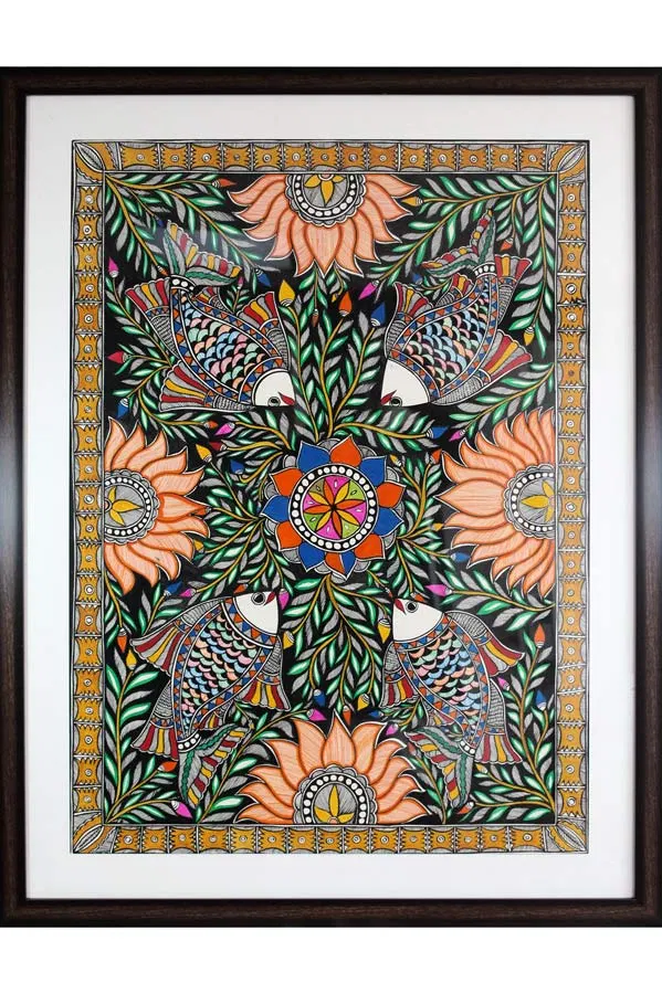 Madhubani Painting Fish Mandala (34x26) Inches