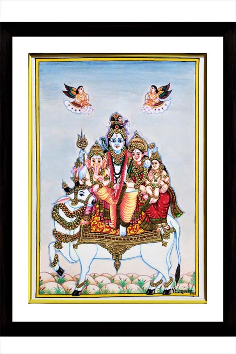 Shiva Family Miniature Style Mysore Painting -22KT Gold Leaf (16*13) Inches