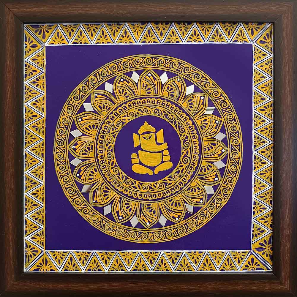 Uttarakhand Aipan Art on Wood with Mirror Work (14x14) Inches