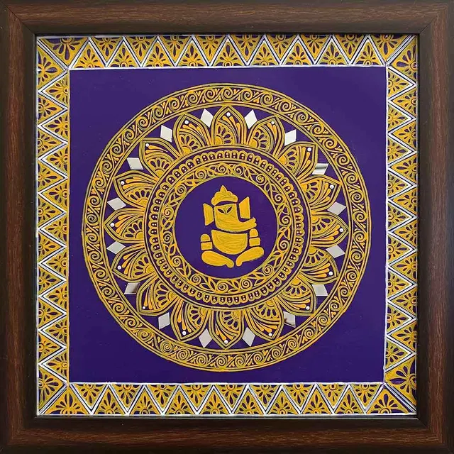 Uttarakhand Aipan Art on Wood with Mirror Work (14x14) Inches