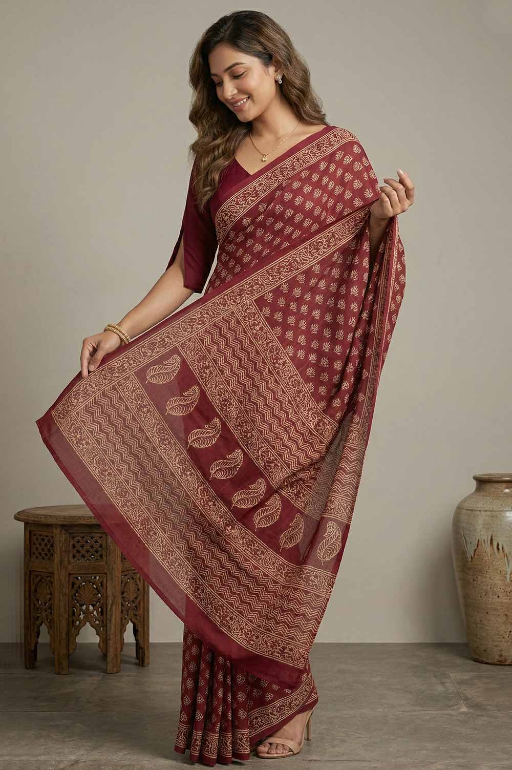 Bagru Hand Block Print Cotton Saree