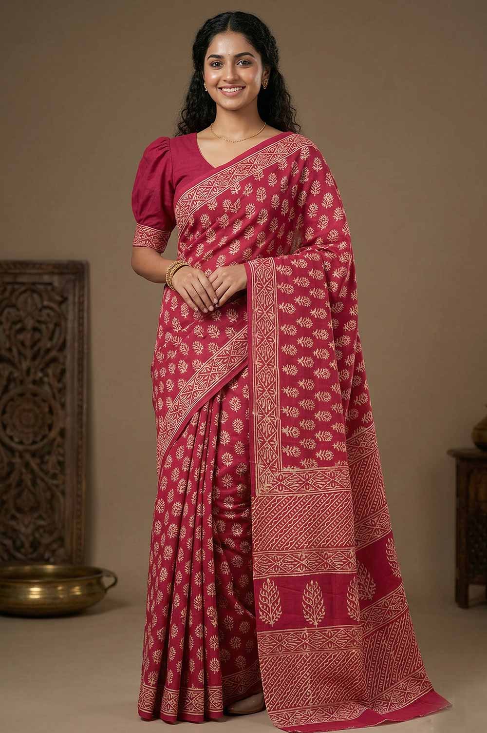 Bagru Hand Block Print Cotton Saree