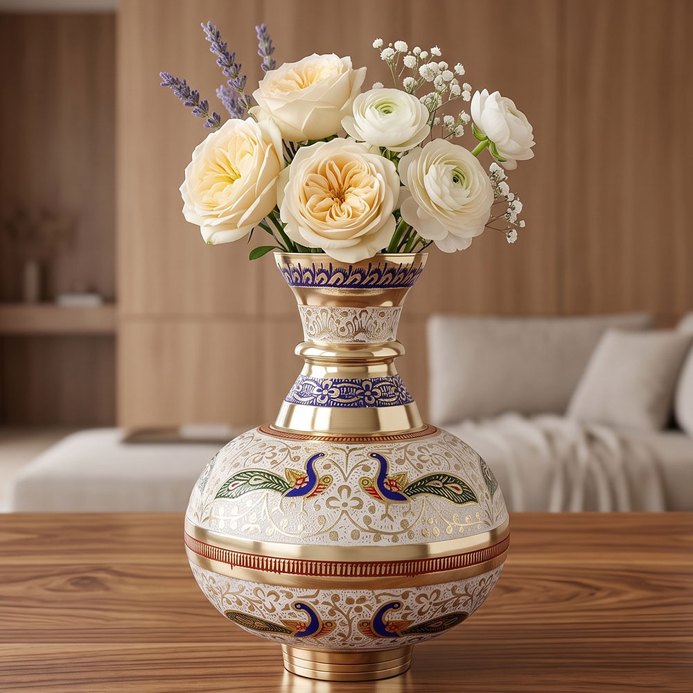 Moradabad Brass Craft Kalash Vase - White (5.5 Inches)