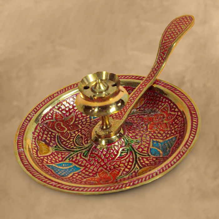 Moradabad Brass Craft Agarbathi stand with holder (Red & Blue)