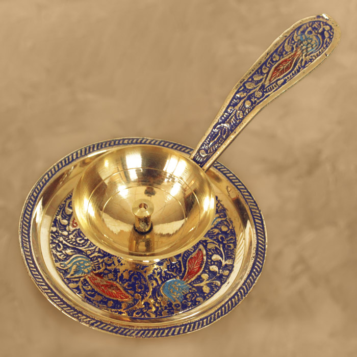 Moradabad Brass Craft Diya with holder (Blue & Red)