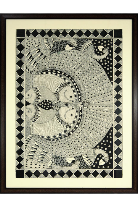 Madhubani Painting Peacock & Fish (34*26) Inches