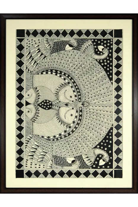Madhubani Painting Peacock & Fish (34*26) Inches