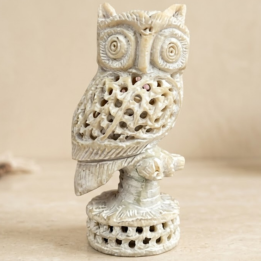 Varanasi Soft Stone Jali Murra Cut Owl (4 Inches)