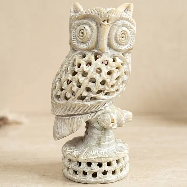 Varanasi Soft Stone Jali Murra Cut Owl (4 Inches)