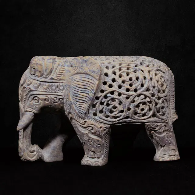 Varanasi Soft Stone Jali Elephant Under Cut (5 Inches)