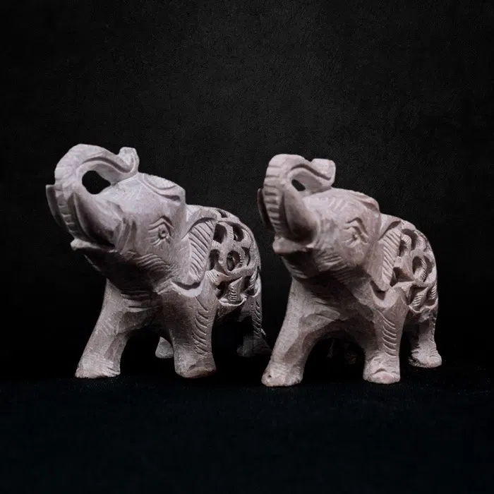 Varanasi Soft Stone Jali Trunk Up Elephant (2.5 Inches) - Set of 2