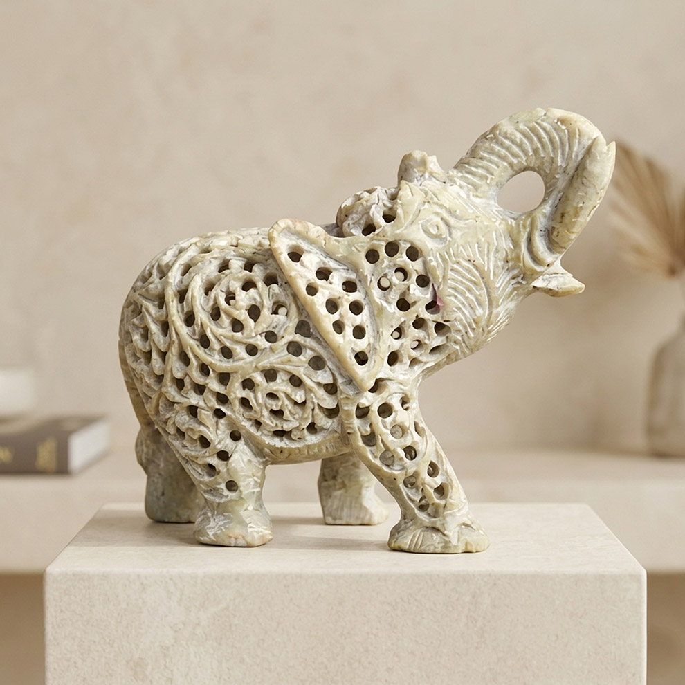 Varanasi Soft Stone Jali Trunk Up Elephant (4 Inches)