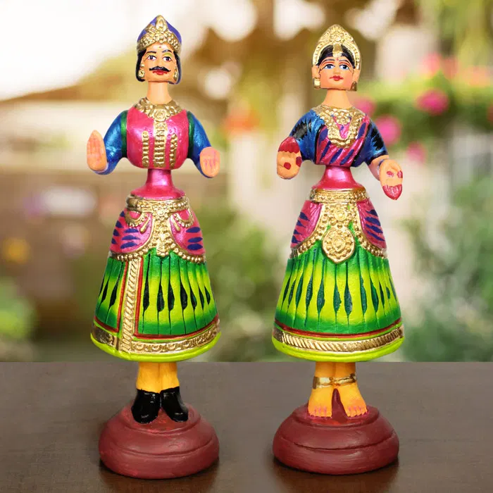 Thirukannur Papier Mache - Dancing Doll Raja Rani Pair (13 Inches)