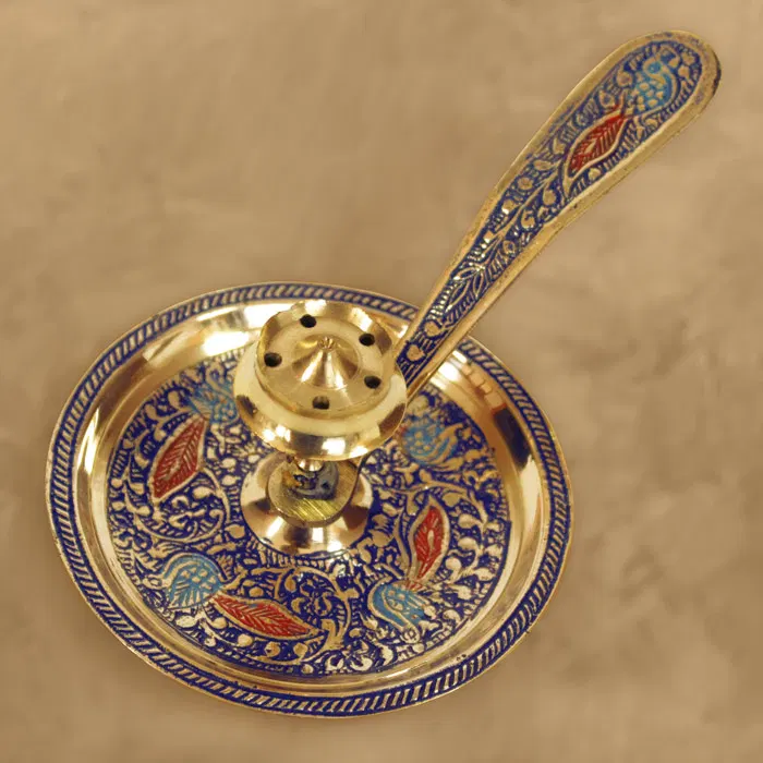Moradabad Brass Craft Agarbathi stand with holder (Red & Blue)