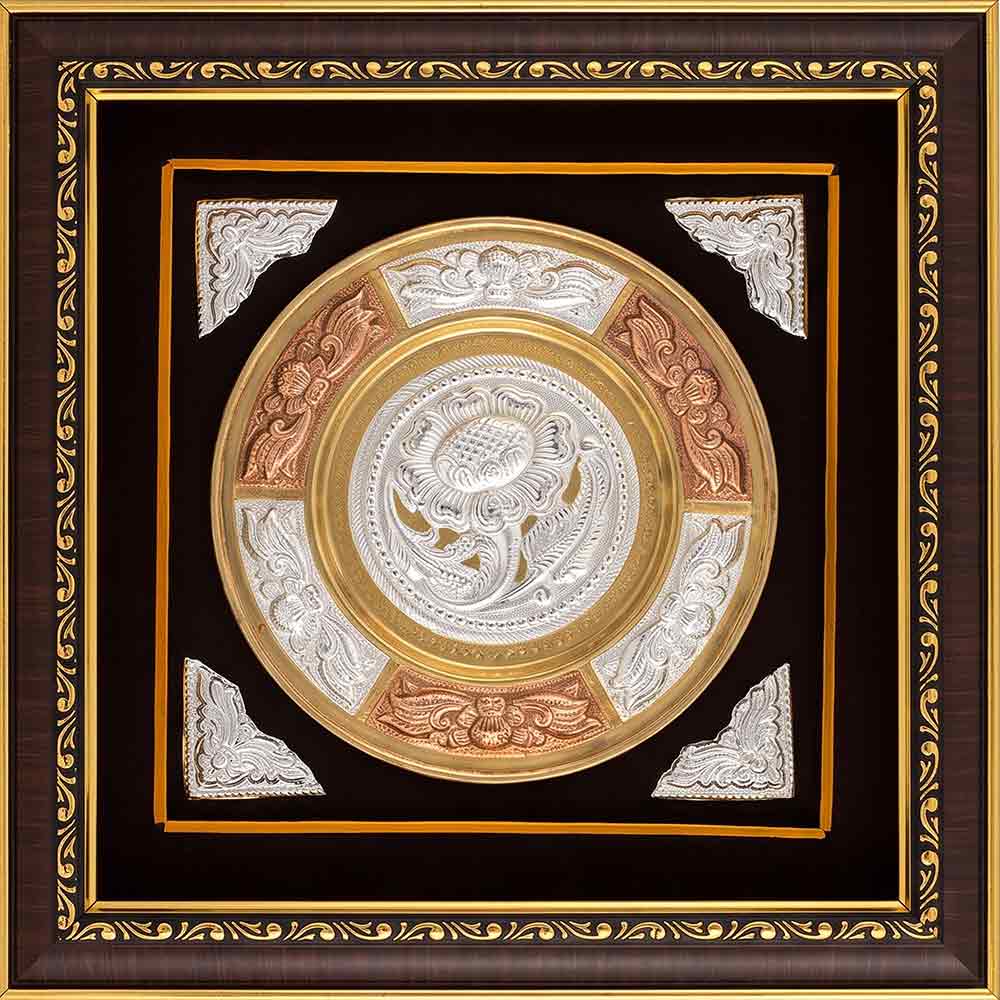 Thanjavur Tri Metal Art Plate Flower (Framed) - 13x13 Inches