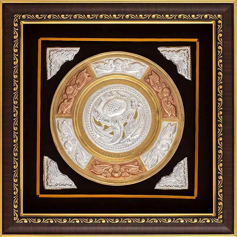 Thanjavur Tri Metal Art Plate Flower (Framed) - 13x13 Inches