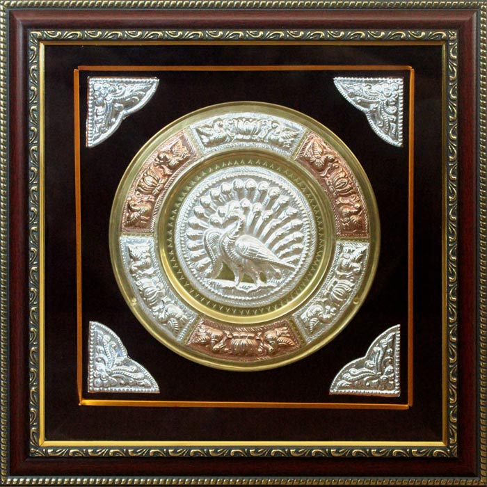 Thanjavur Tri Metal Art Plate Peacock (Framed) - 13x13 Inches