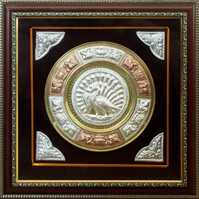 Thanjavur Tri Metal Art Plate Peacock (Framed) - 13x13 Inches