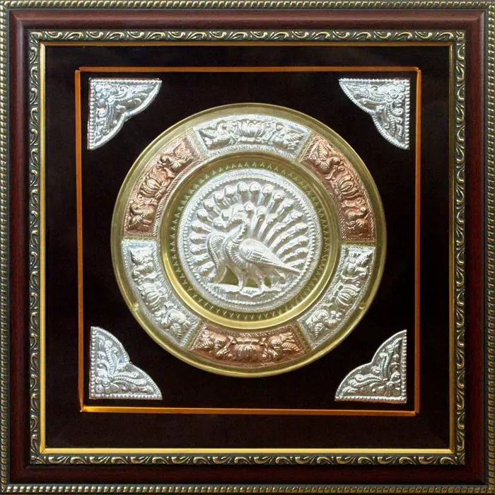 Thanjavur Tri Metal Art Plate Peacock (Framed) - 13x13 Inches