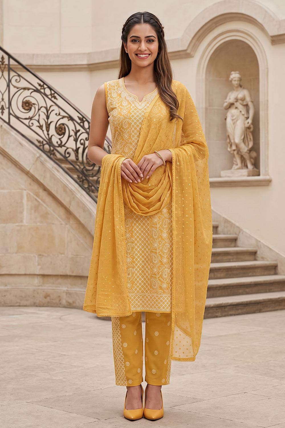 Lucknow Chikankari Hand Embroidered Salwar Suit Set (Unstitched)