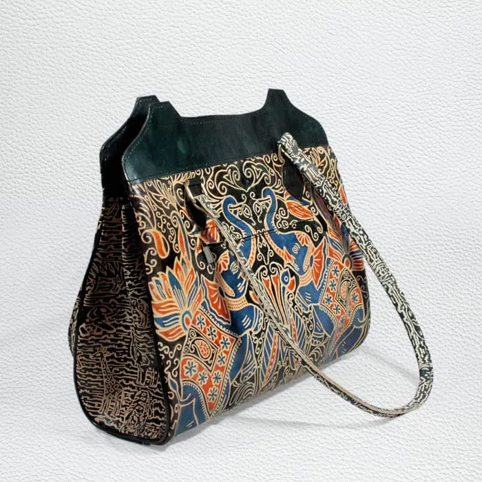Santiniketan Leather Hand Block Printed - Hand Bag (13x12) Inches