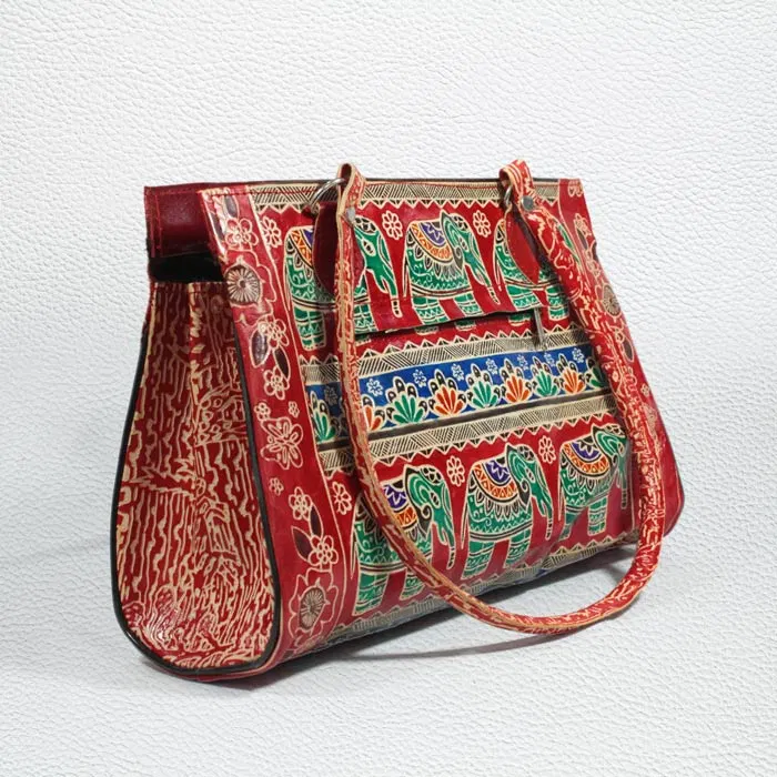 Santiniketan Leather Hand Block Printed - Hand Bag (13x10) Inches