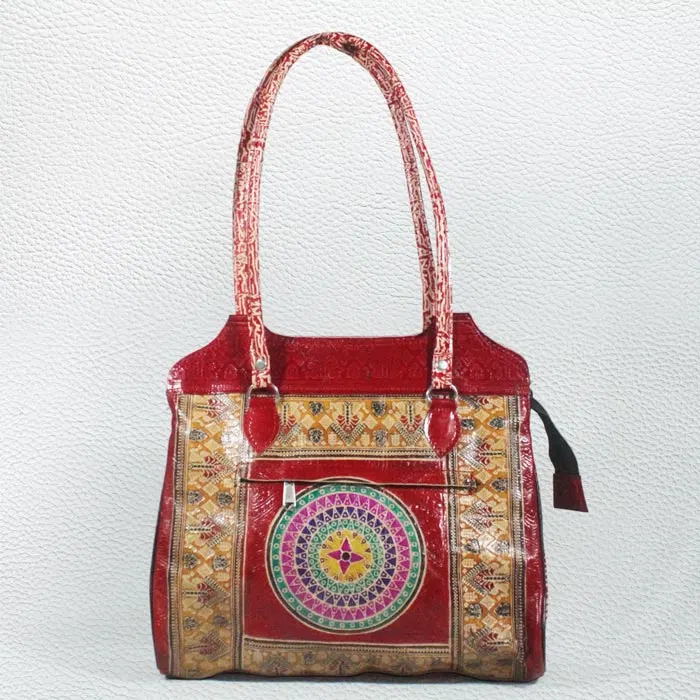 Santiniketan Leather Hand Block Printed - Hand Bag (13x12) Inches