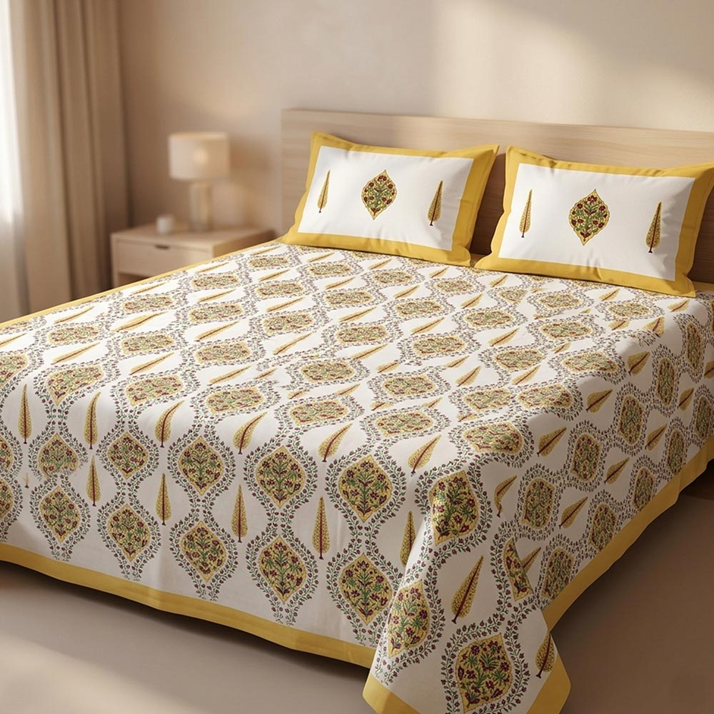 Bagru Hand Block Printed Premium Bedsheet Set (8.8x8.8)ft