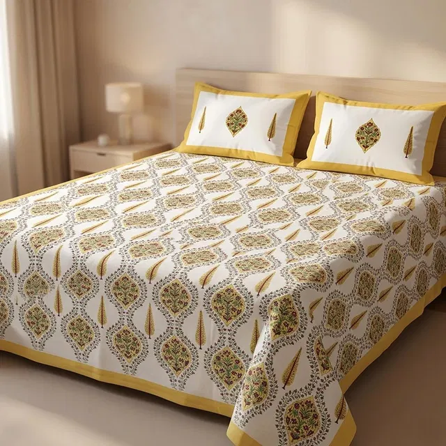 Bagru Hand Block Printed Premium Bedsheet Set (8.8x8.8)ft