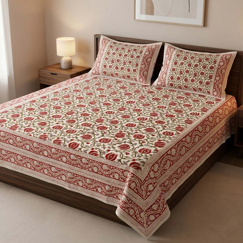 Bagru Hand Block Printed Premium Bedsheet Set (8.8x8.8)ft