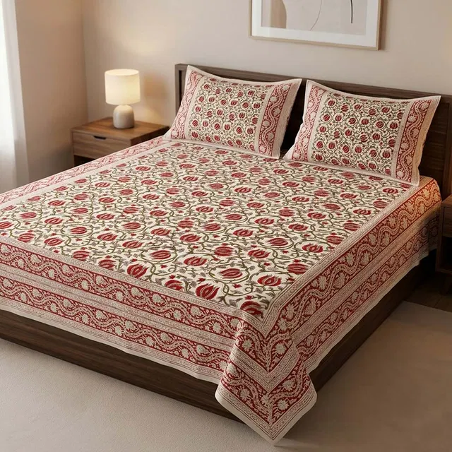 Bagru Hand Block Printed Premium Bedsheet Set (8.8x8.8)ft