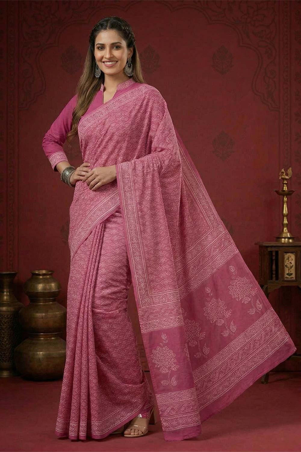 Bagru Hand Block Print Cotton Saree