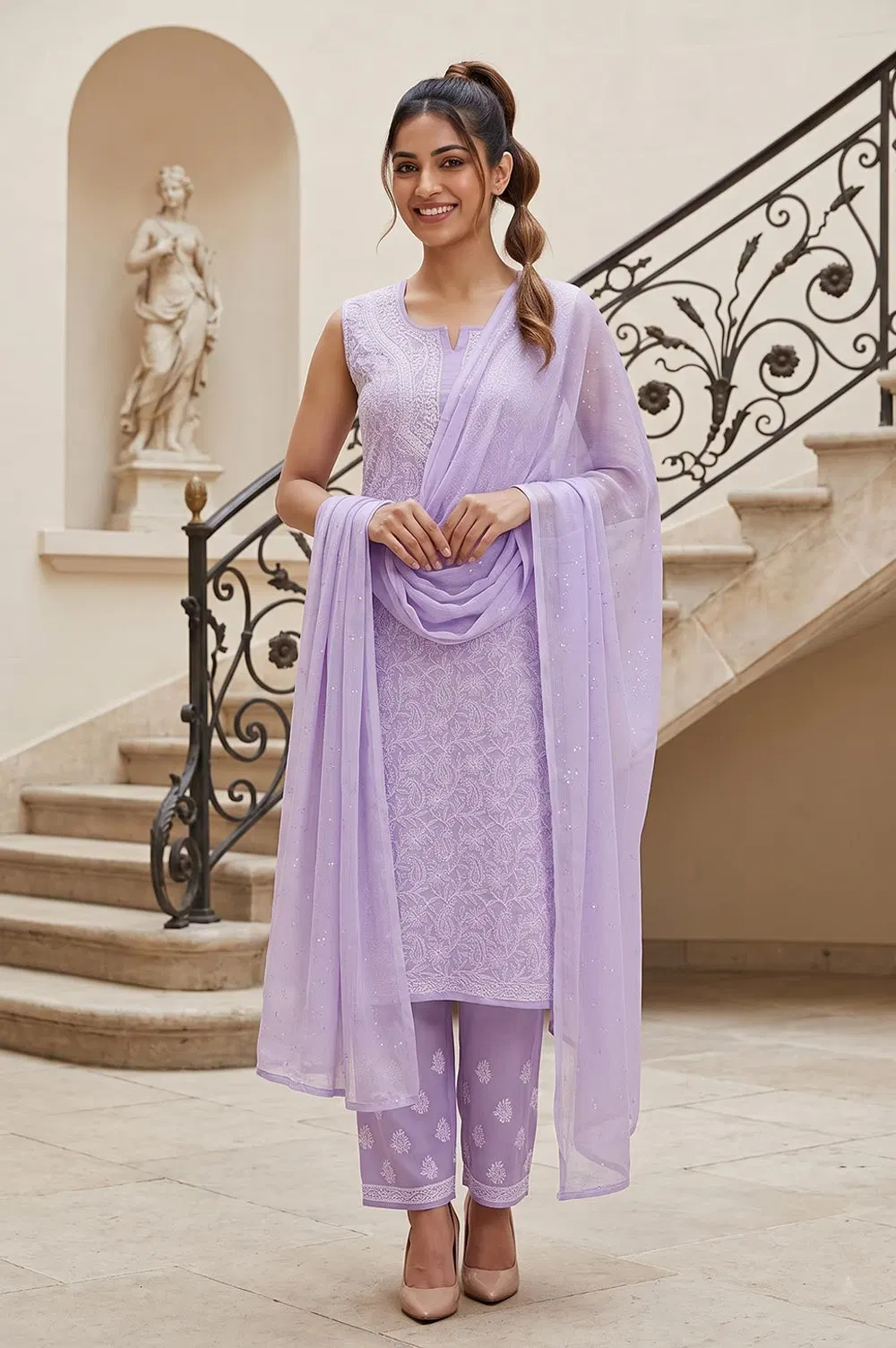Lucknow Chikankari Hand Embroidered Salwar Suit Set (Unstitched)