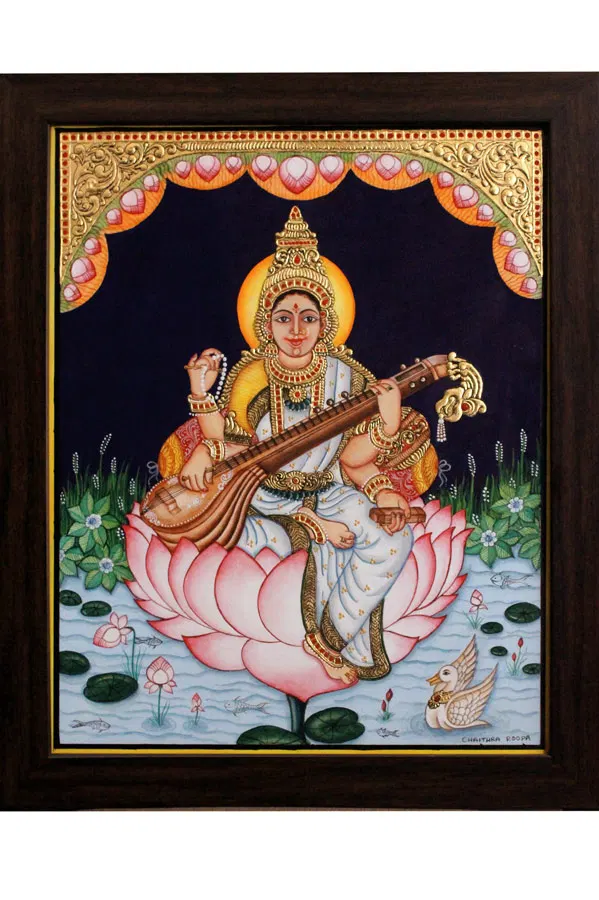 Goddess Saraswati Mysore Painting - 22KT Gold Leaf (14*17) Inches