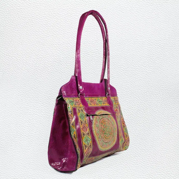 Santiniketan Leather Hand Block Printed - Hand Bag (13x12) Inches