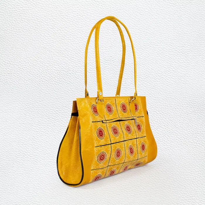 Santiniketan Leather Hand Block Printed - Hand Bag (13.5x10) Inches