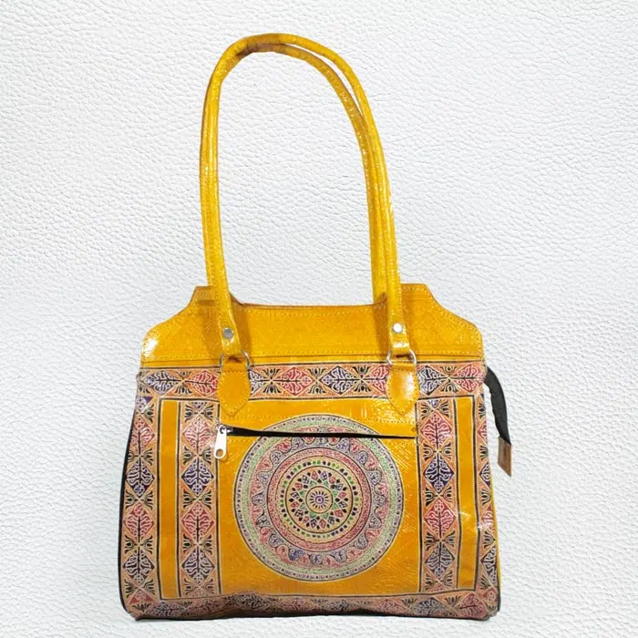 Santiniketan Leather Hand Block Printed - Hand Bag (13x12) Inches