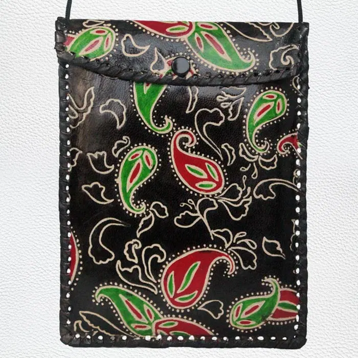 Santiniketan Leather Hand Block Printed - Mobile Bag (6x7.5) Inches