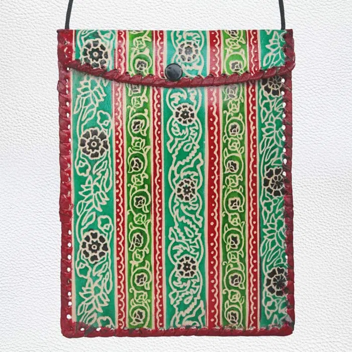Santiniketan Leather Hand Block Printed - Mobile Bag (6x7.5) Inches