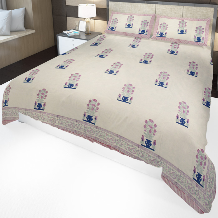 Sanganeri Hand Block Printed Bedsheet With Pillow Covers (8.8×7.5)Ft