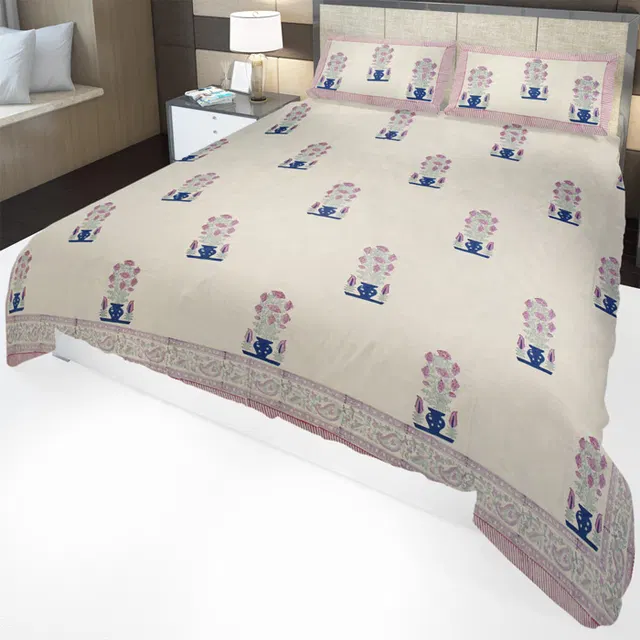 Sanganeri Hand Block Printed Bedsheet With Pillow Covers (8.8×7.5)Ft
