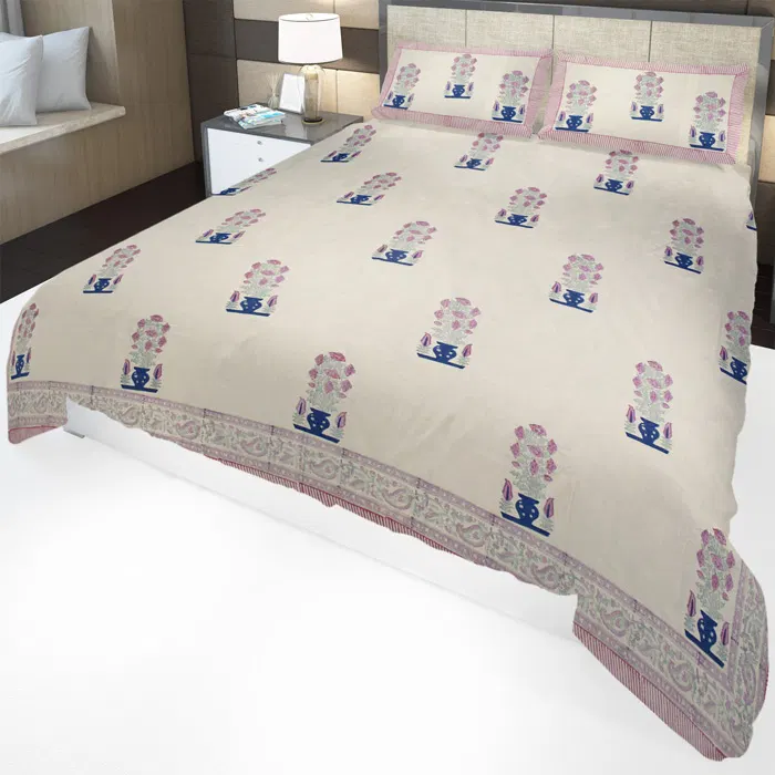 Sanganeri Hand Block Printed Bedsheet With Pillow Covers (8.8×7.5)Ft
