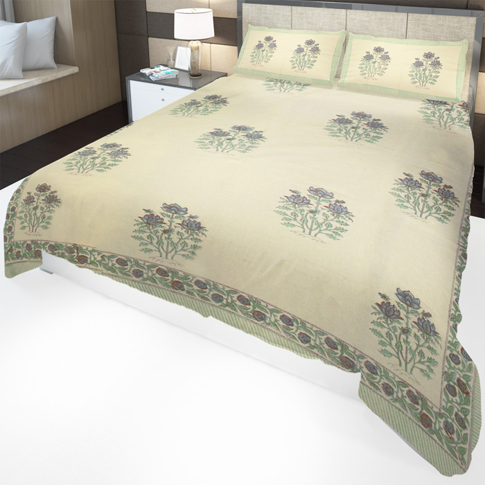 Sanganeri Hand Block Printed Bedsheet With Pillow Covers (8.8x8.8)ft