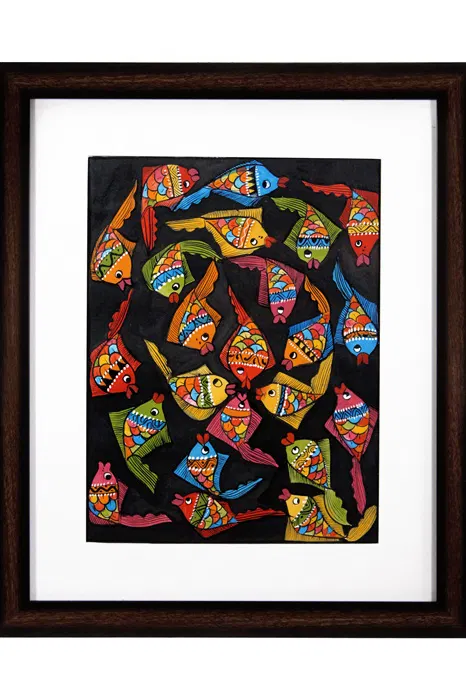 Bengal Pattachitra Fishes in Black Sea (18*15 Inches)