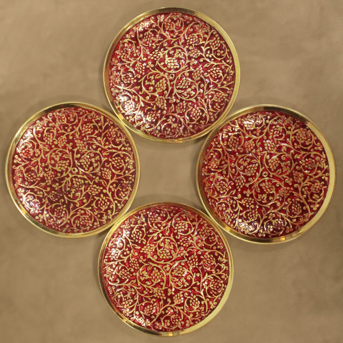 Moradabad Brass Craft Coaster Set of 4 - Red (3.2 Inches Dia)