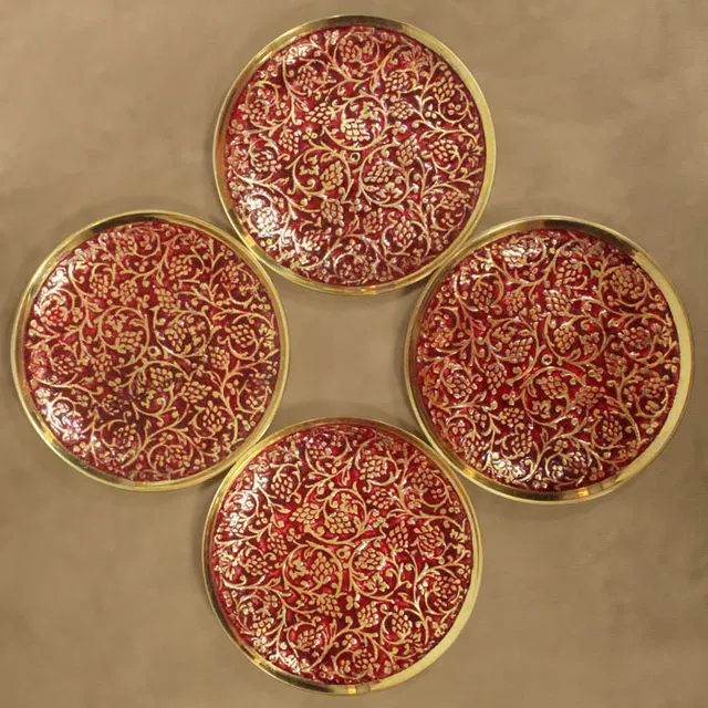 Moradabad Brass Craft Coaster Set of 4 - Red (3.2 Inches Dia)