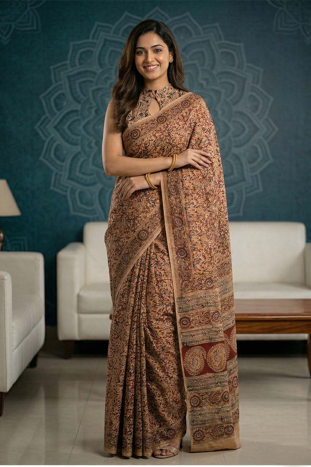 Hand Block Printed Machilipatnam Kalamkari Saree (Extremely Soft Cotton)